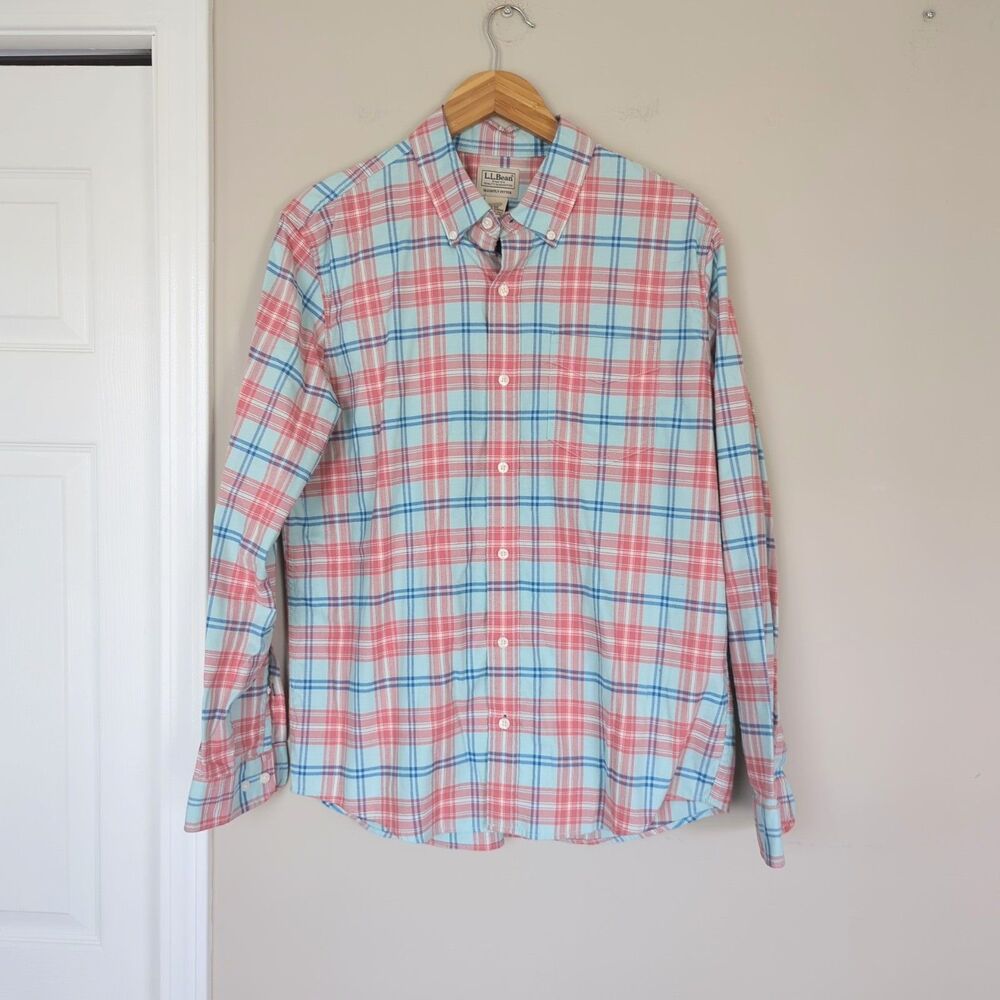 LL Bean Men's Slightly Fitted Plaid Long Sleeve Button Down Shirt Pink Blue Med